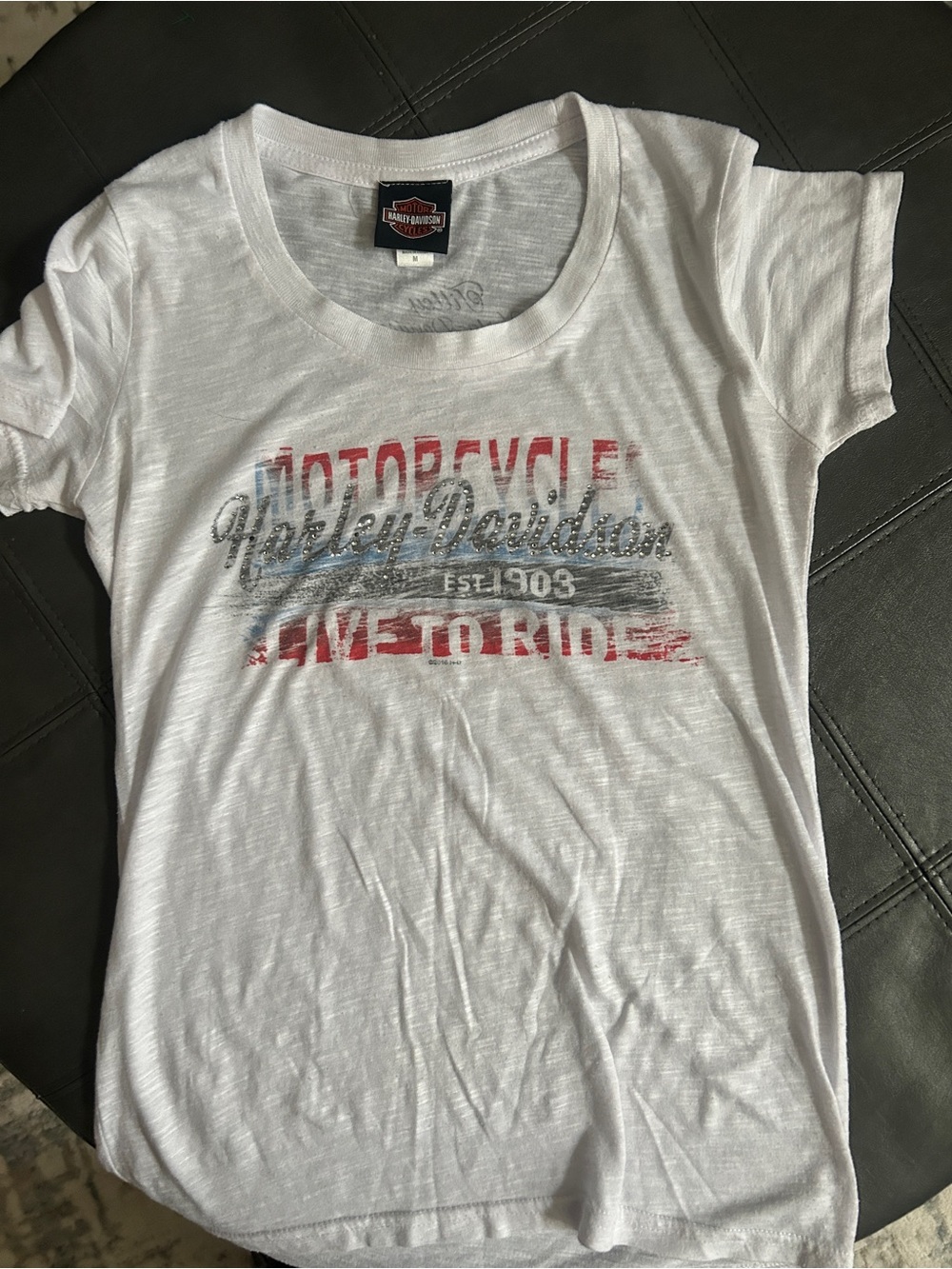Harley-Davidson White Tee with Red and Blue Distressed Logo
